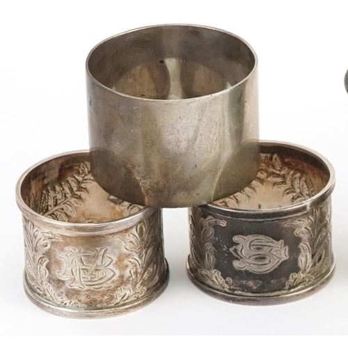 397 - Victorian and later silver comprising six napkin rings, eggcup, pickle fork and tablespoon, the larg... 