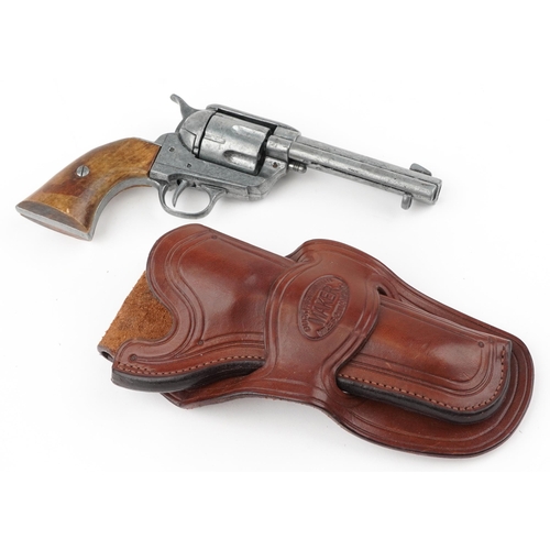 695 - Decorative model of a revolver with leather holster impressed Buck Farnsworth Maker Miles City, Mont... 