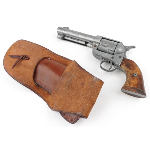 695 - Decorative model of a revolver with leather holster impressed Buck Farnsworth Maker Miles City, Mont... 