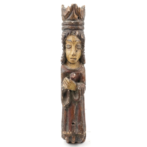 556 - Antique painted wood corble carved with caryatid, 60cm high