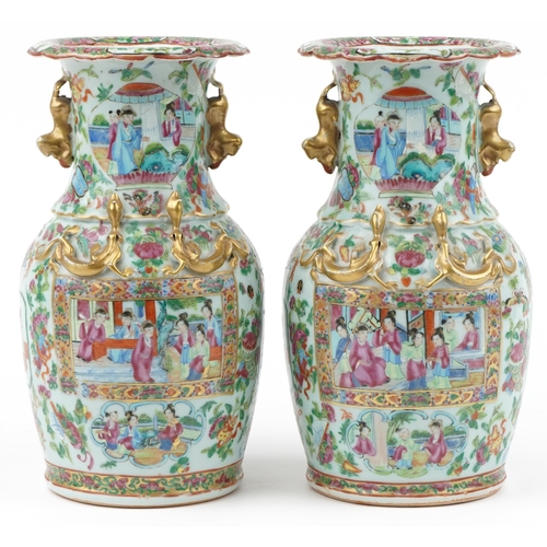  Pair of Chinese Canton porcelain vases with animalia twin handles finely hand painted in the famille... 