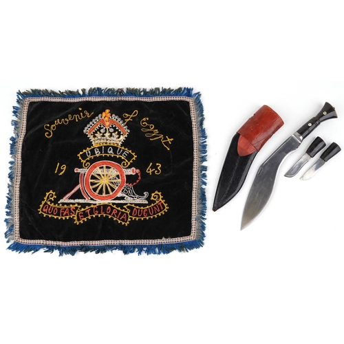 676 - Military interest Royal Engineers textile embroidered Souvenir of Egypt 1943 and a Gurkha's knife wi... 