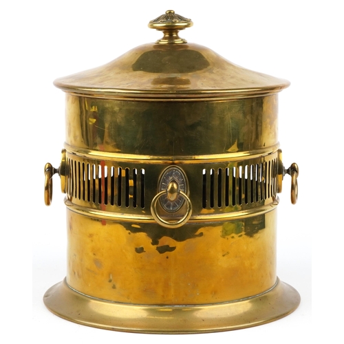 190 - Victorian brass log lidded log bucket with four ring turned handles, 40cm high