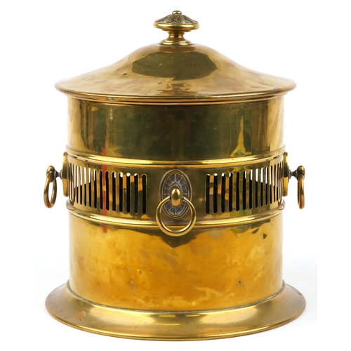 190 - Victorian brass log lidded log bucket with four ring turned handles, 40cm high