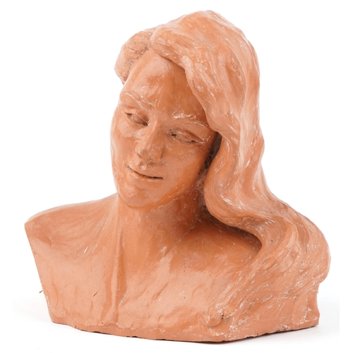 345 - Mid century style terracotta bust of a female, incised M to the reverse, 25cm wide