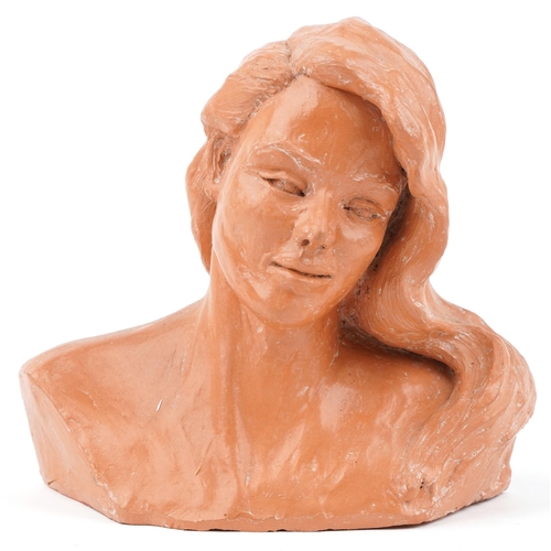 345 - Mid century style terracotta bust of a female, incised M to the reverse, 25cm wide