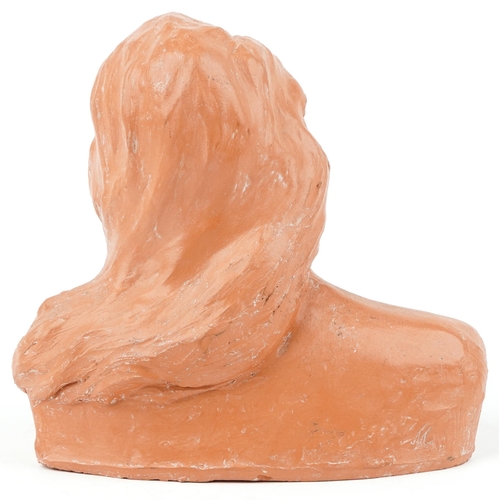 345 - Mid century style terracotta bust of a female, incised M to the reverse, 25cm wide