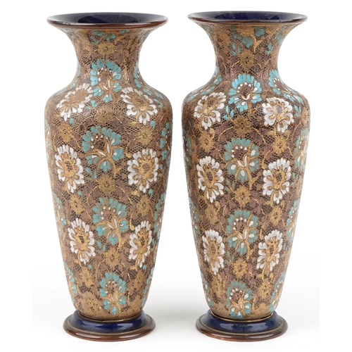  Royal Doulton, large pair of Doulton Slaters patent lace vases hand painted with flowers, each 41.5c... 
