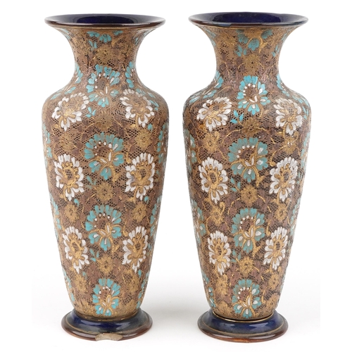 1143 - Royal Doulton, large pair of Doulton Slaters patent lace vases hand painted with flowers, each 41.5c... 