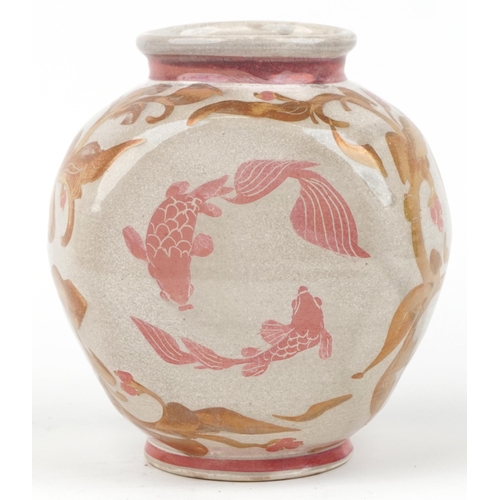 348 - Jonathan Chiswell Jones, art pottery lustre vase hand painted with four Koi amongst foliage, 23cm hi... 