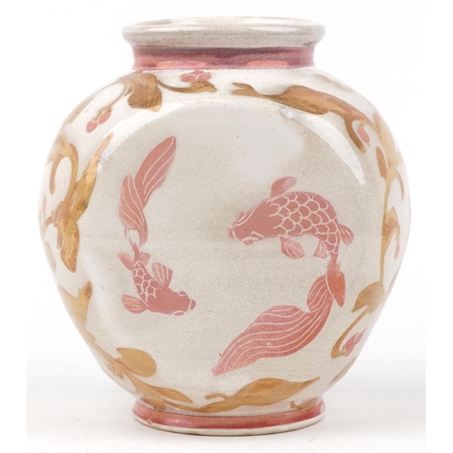 348 - Jonathan Chiswell Jones, art pottery lustre vase hand painted with four Koi amongst foliage, 23cm hi... 