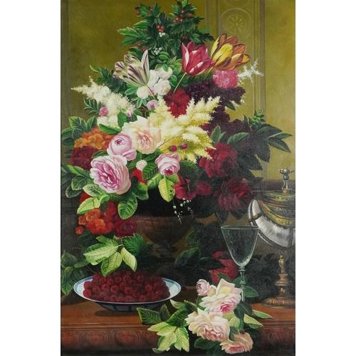 281 - Still life flowers, fruit and vessels, oil on board, framed, 75cm x 49.5cm excluding the frame