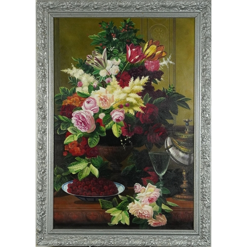 281 - Still life flowers, fruit and vessels, oil on board, framed, 75cm x 49.5cm excluding the frame