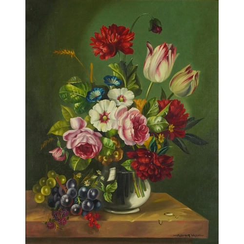 88 - Manner of Alexander Wilson - Still life flowers in vase, oil on canvas, mounted and framed, 49.5cm x... 