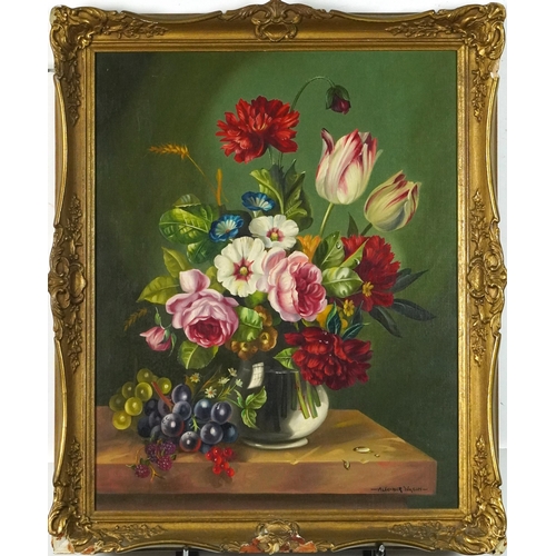 88 - Manner of Alexander Wilson - Still life flowers in vase, oil on canvas, mounted and framed, 49.5cm x... 