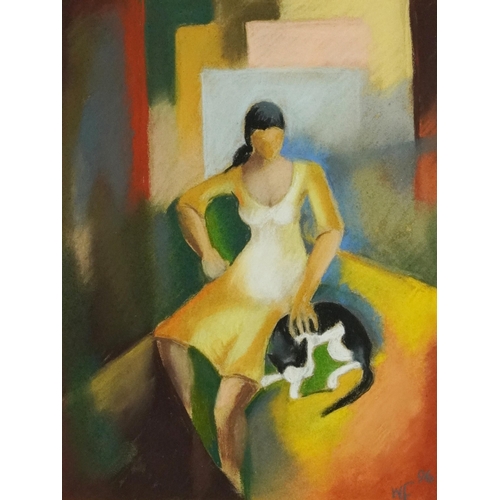 122 - Winitha Fernando - Cat with girl, Impressionist pastel, inscribed label verso, mounted, framed and g... 