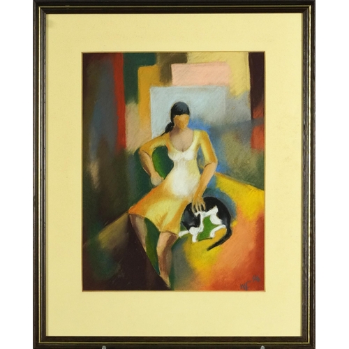 122 - Winitha Fernando - Cat with girl, Impressionist pastel, inscribed label verso, mounted, framed and g... 