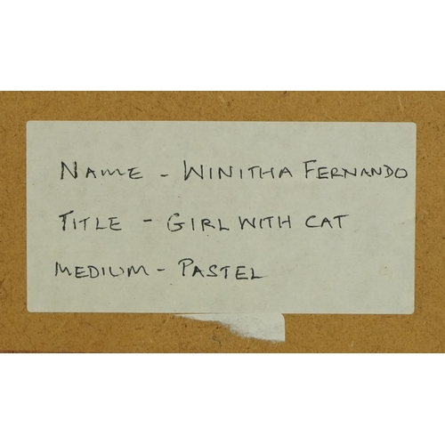 122 - Winitha Fernando - Cat with girl, Impressionist pastel, inscribed label verso, mounted, framed and g... 