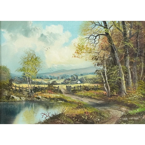 228 - John Corcoran - Park beside a pond before a landscape, oil on canvas, mounted and framed, 35cm x 25c... 