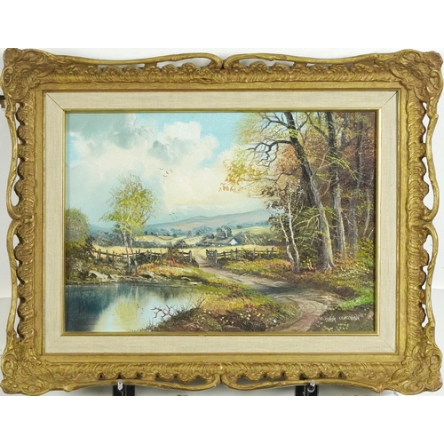 228 - John Corcoran - Park beside a pond before a landscape, oil on canvas, mounted and framed, 35cm x 25c... 