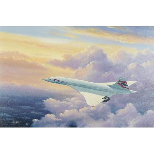 25 - Barry G Price - British Airways Concorde, aviation interest oil on canvas, mounted and framed, 75cm ... 
