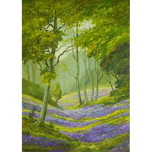 402 - Keith Burtonshaw - Bluebell time, oil on board, inscribed label verso, mounted and framed, 41cm x 28... 