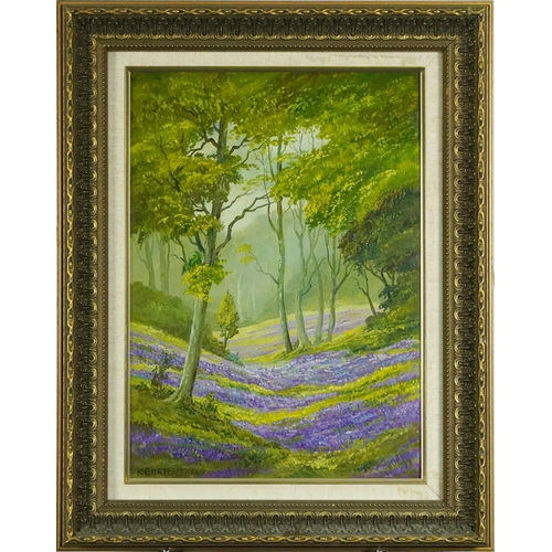 402 - Keith Burtonshaw - Bluebell time, oil on board, inscribed label verso, mounted and framed, 41cm x 28... 