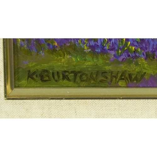 402 - Keith Burtonshaw - Bluebell time, oil on board, inscribed label verso, mounted and framed, 41cm x 28... 