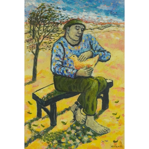 192 - Deenagh Miller - Man on bench with shackles, oil on board, inscribed verso, mounted and framed, 73cm... 