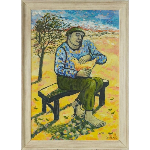 192 - Deenagh Miller - Man on bench with shackles, oil on board, inscribed verso, mounted and framed, 73cm... 