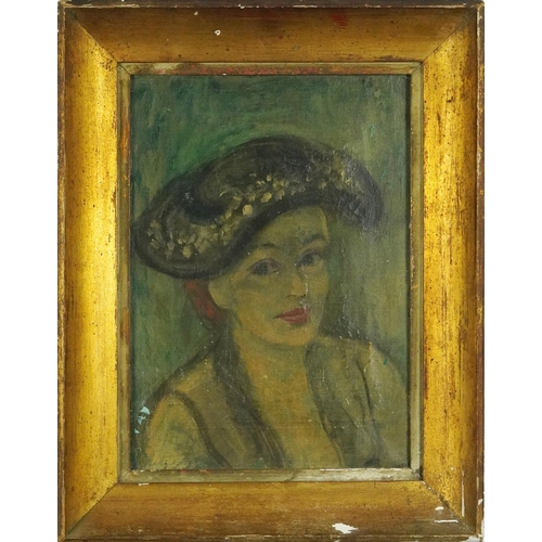 401 - Head and shoulders portrait of a female wearing a hat, French Impressionist oil on canvas, mounted a... 