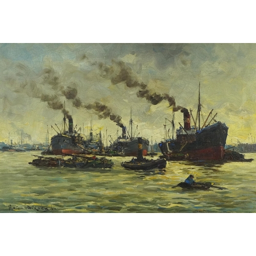 85 - Fishing boats leaving a harbour, Impressionist oil on canvas, bearing an indistinct signature, possi... 