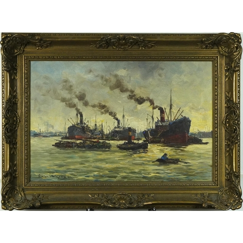 85 - Fishing boats leaving a harbour, Impressionist oil on canvas, bearing an indistinct signature, possi... 