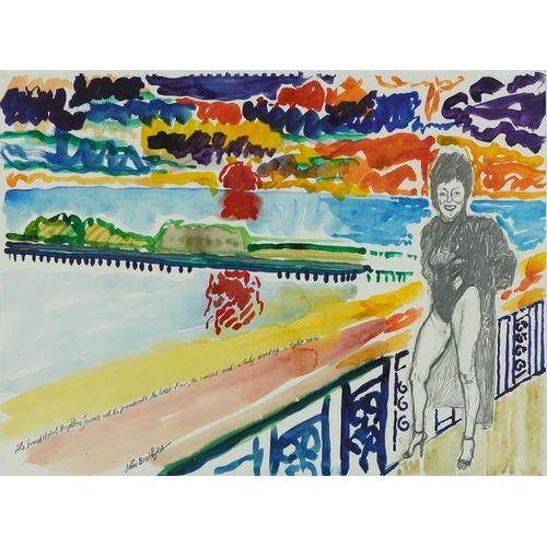 427 - Manner of John Bratby - Grand Hotel Brighton Terrace with The West Pier, pencil and watercolour, mou... 