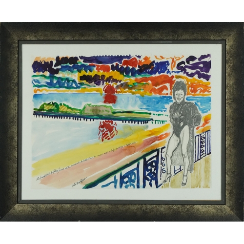 427 - Manner of John Bratby - Grand Hotel Brighton Terrace with The West Pier, pencil and watercolour, mou... 