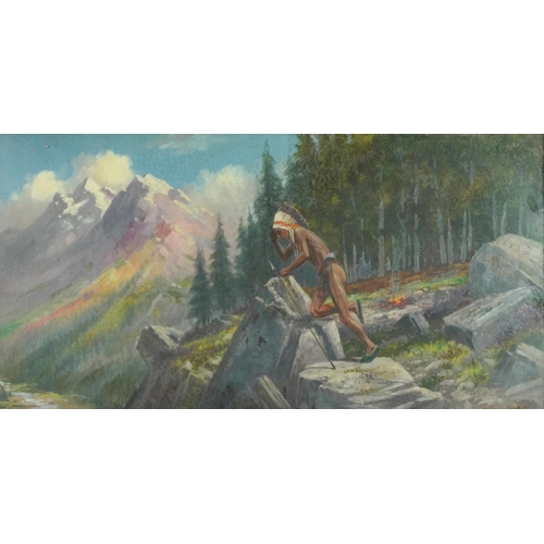 280 - Red Indian in an alpine landscape, oil on canvas board, mounted, framed and glazed, 75cm x 34cm excl... 