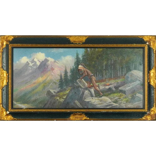 280 - Red Indian in an alpine landscape, oil on canvas board, mounted, framed and glazed, 75cm x 34cm excl... 