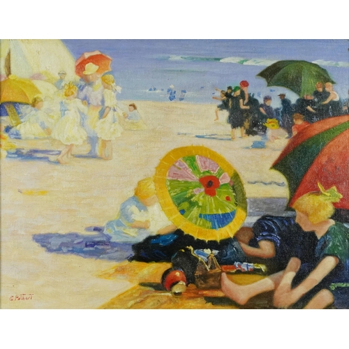 255 - Busy beach scene, French impressionist oil on board, mounted and framed, 43cm x 34cm excluding the m... 