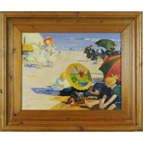 255 - Busy beach scene, French impressionist oil on board, mounted and framed, 43cm x 34cm excluding the m... 