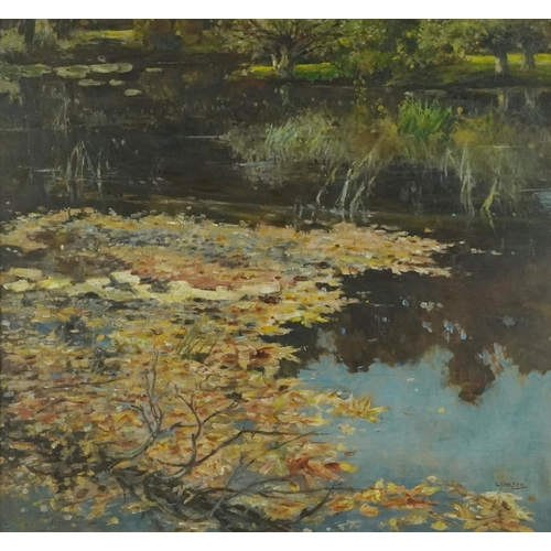 428 - Manner of George Sarson - Pond with aquatic plants, Impressionist oil on board, mounted, framed and ... 