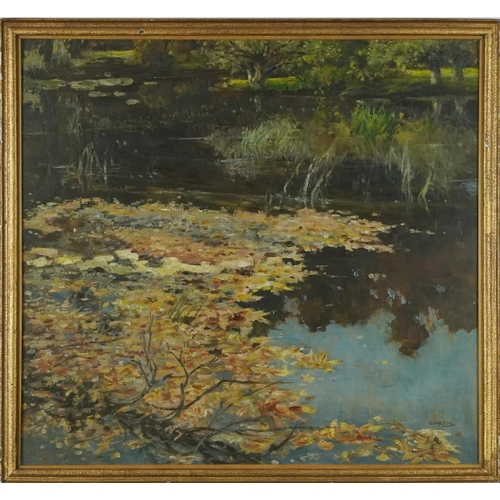 428 - Manner of George Sarson - Pond with aquatic plants, Impressionist oil on board, mounted, framed and ... 