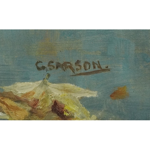 428 - Manner of George Sarson - Pond with aquatic plants, Impressionist oil on board, mounted, framed and ... 