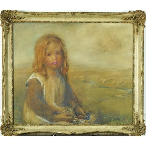 55 - Hannah Clarke Preston MacGoun 1908 - Portrait of a young girl holding a daisy chain, Scottish school... 