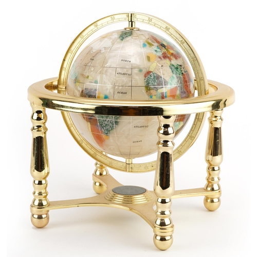 1449 - Gilt metal gemstone table globe with compass under tier, 22cm high