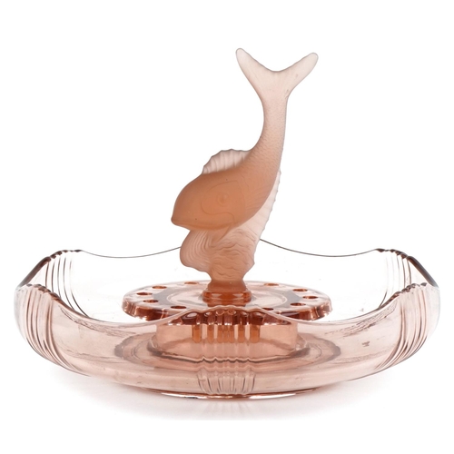 585 - Walther & Sohne, German Art Deco frosted and clear peach glass dolphin three section flower bowl, 29... 