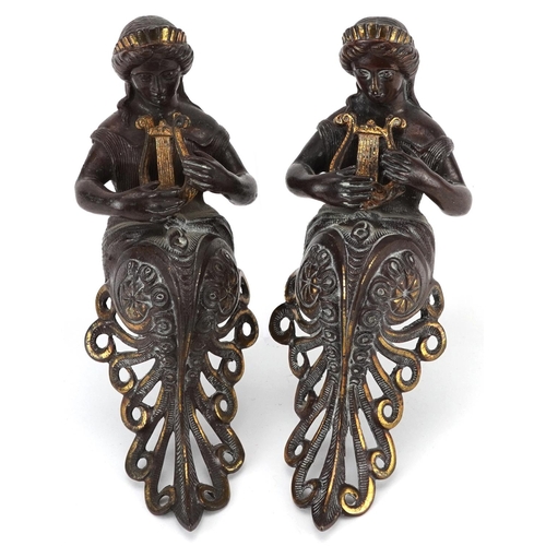 359 - Pair of 19th century partially gilt, patinated bronze mounts in the form of mermaids with lyres, eac... 