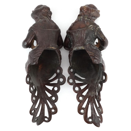 359 - Pair of 19th century partially gilt, patinated bronze mounts in the form of mermaids with lyres, eac... 