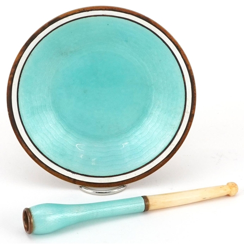 38 - Mid century style gilt metal white and blue guilloche enamel dish and matching cheroot holder, the l... 