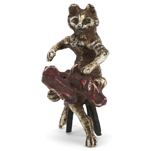 140 - Austrian style cold painted bronze cat seated on a stool, 6cm high