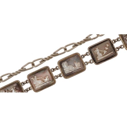 2600 - Unmarked silver abalone and mother of pearl panel bracelet carved with chariots and a white metal wa... 